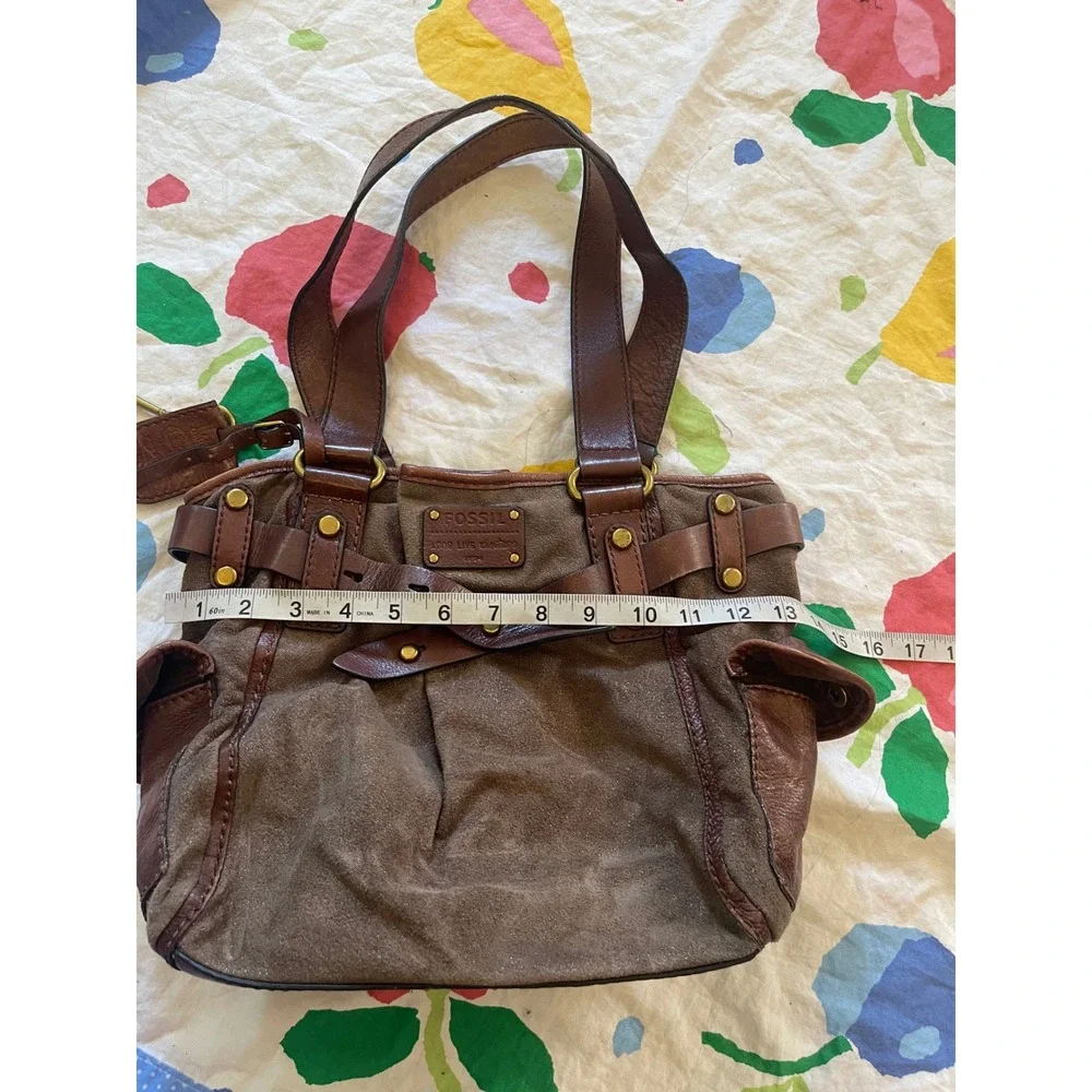Fossil‎ Long Live Vintage Shiny Canvas Satchel Bag Y2K Brass Key Charm